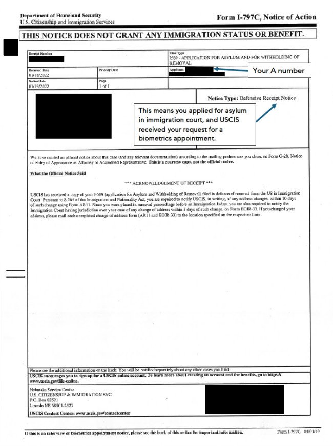 USCIS Defensive Asylum Application Receipt Notice - Resources for ...